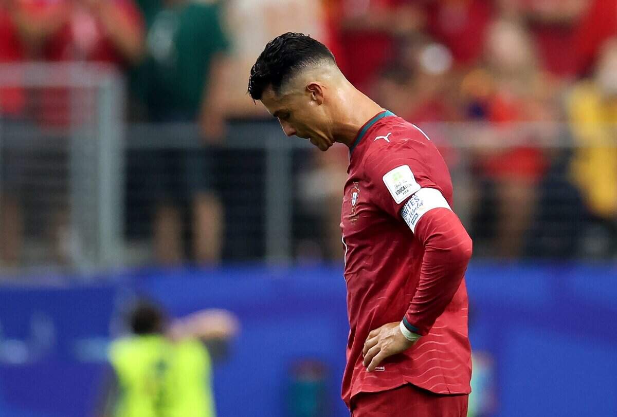 Portugal forward Cristiano Ronaldo reacts after his team was defeated by Spain in the 2026 FIFA World Cup round of 16 match on Monday, July 6, 2026, at Dallas Stadium in Arlington.